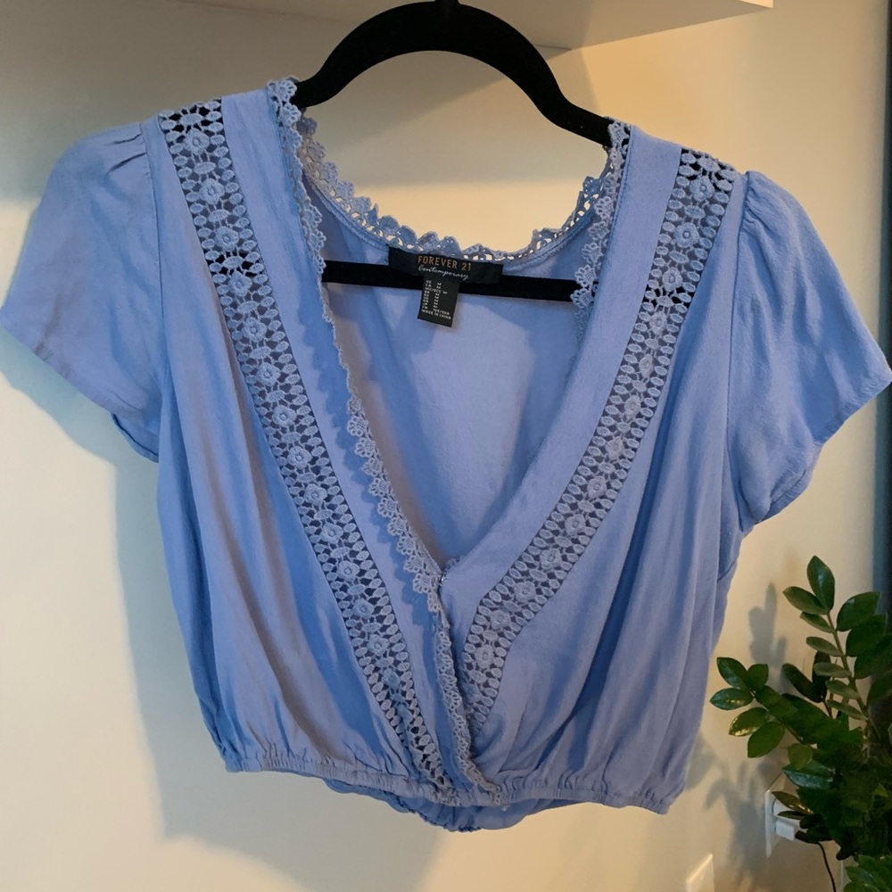 Blue lace crop blouse